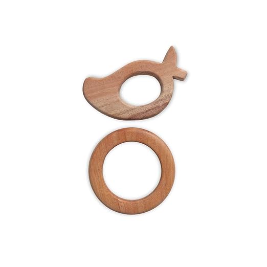 Infant Neem Wooden Teethers Shaped Like Circle And Mango, Brown For Babies Handmade And Safe (Circle & Mango)