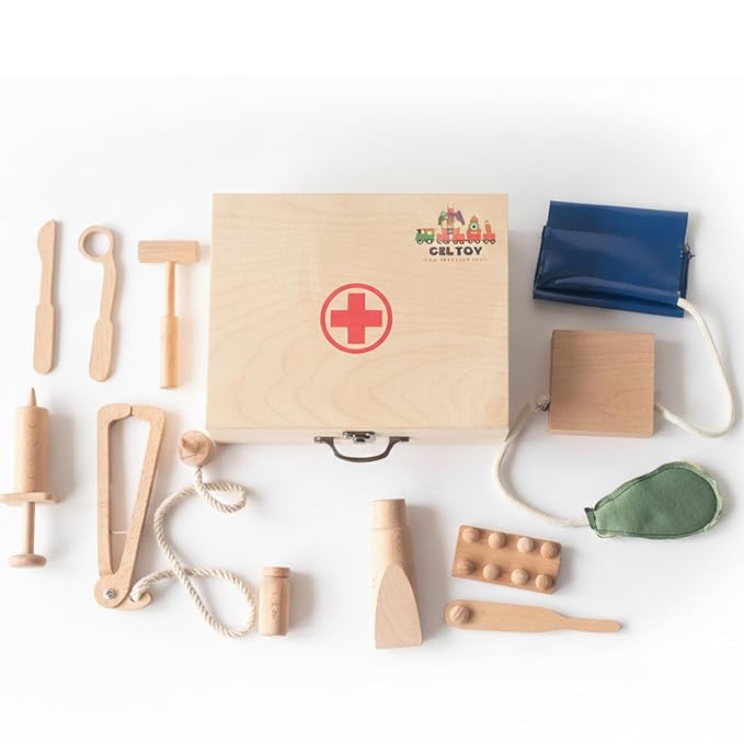 Wooden Doctor Kit, 11-Piece Pretend Play Set, Montessori Learning Toy