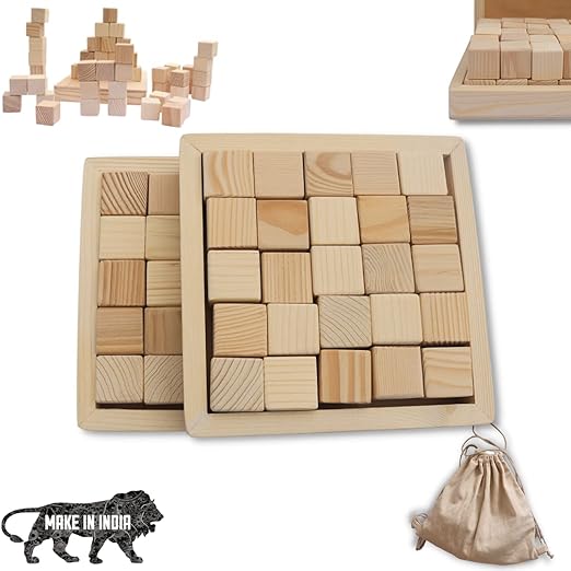 Wooden Building Blocks Cubes with Tray for Crafts DIY Project Montessori Toy Set of 50 Cubes & 2 Trays 3CM*3CM for Kids (50 PCS Set)