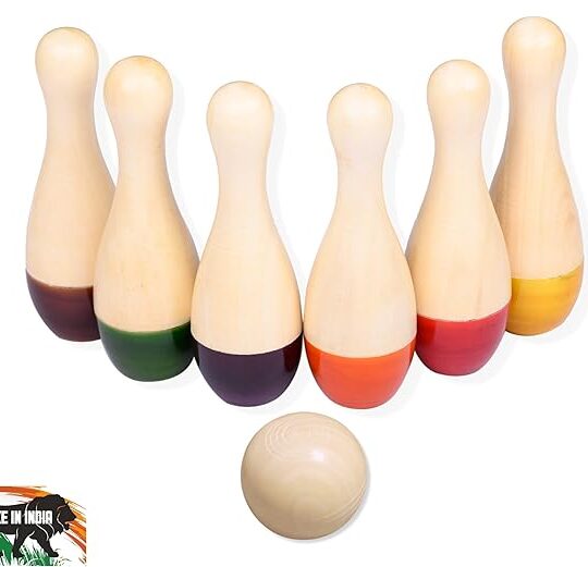 Wooden Bowling Pins Toy Set Natural (2 Years+) - Indoor & Outdoor Fun Learning Game for Kids (Premium)
