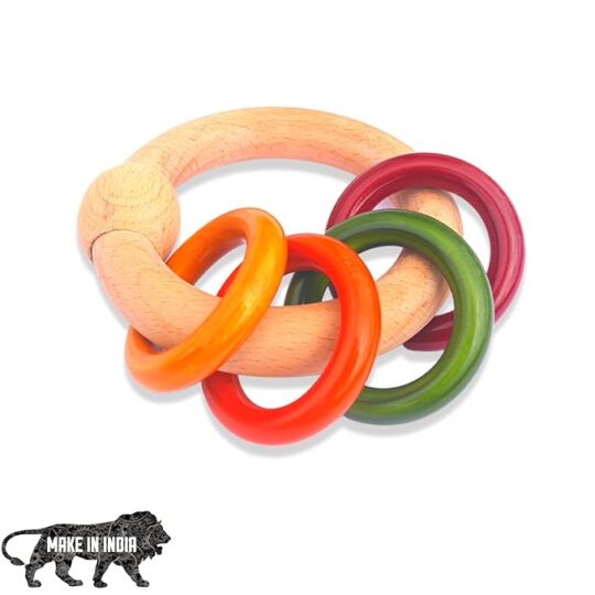 Wooden Hand Crafted Ring Rattle for Kids, Babies, Infants, Non Toxic Finished by Indian Artisans- Multi Color (Ringrattle)