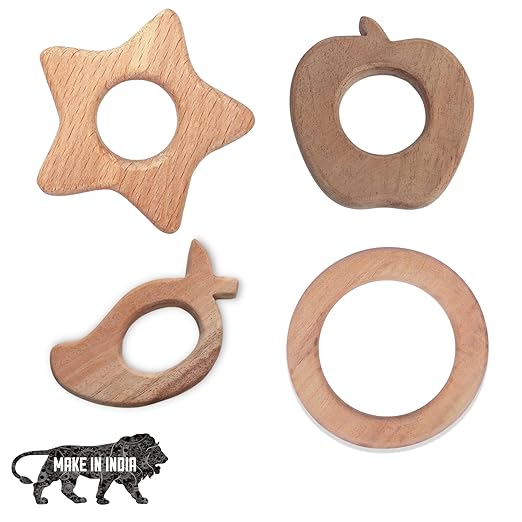 Infant Neem Wooden Teethers Shaped Like Ring, Mango, Star And Apple Brown For Babies Handmade And Safe For Babies(Set Of 4)