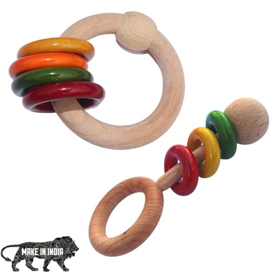Wooden Hand Crafted Rattle Set for Kids, Babies, Infants, Non Toxic Finished by Indian Artisans- Multi Color (Set of 2)