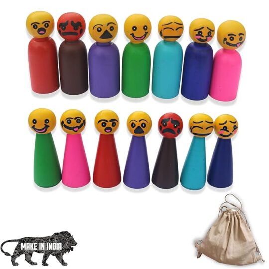 Peg Dolls Hand Art Emotions 7 Male and 7 Female Toy Set for Boys & Girls Pretend Play Set (Emotions 14 Pcs)