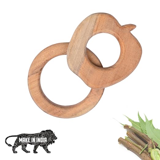 Neem Wooden Teethers Shaped Like Circle and Apple, Brown for Babies Handmade and Safe (Circle & Apple)