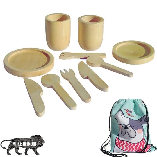 Handmade Wooden Toy Kitchen Set Starter Kit Natural Finished for Little Boys and Girls with a Canvas Bag (Large)