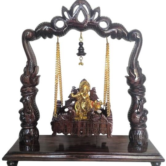 Home Decor Premium Handcrafted 14-Inch Rosewood Krishna Cradle | Artistic Wooden Swing Cradle for Lord Krishna Idol with Ornate Detailing, Glossy Finish & Spiritual Home Decor Accent