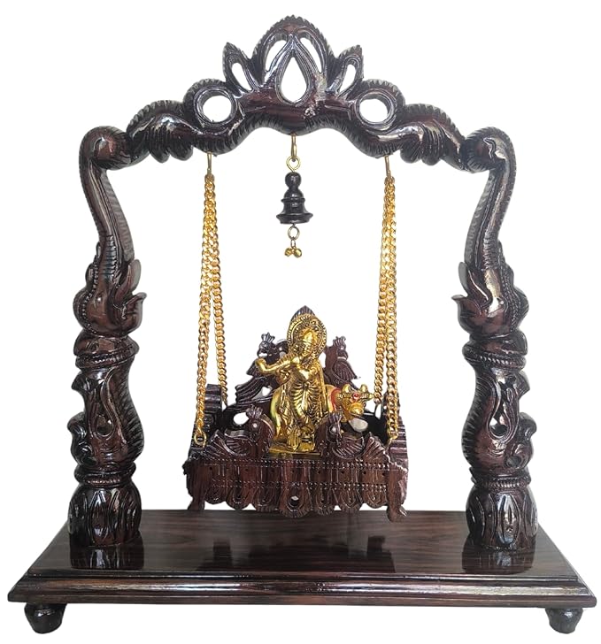 Home Decor Premium Handcrafted 14-Inch Rosewood Krishna Cradle | Artistic Wooden Swing Cradle for Lord Krishna Idol with Ornate Detailing, Glossy Finish & Spiritual Home Decor Accent