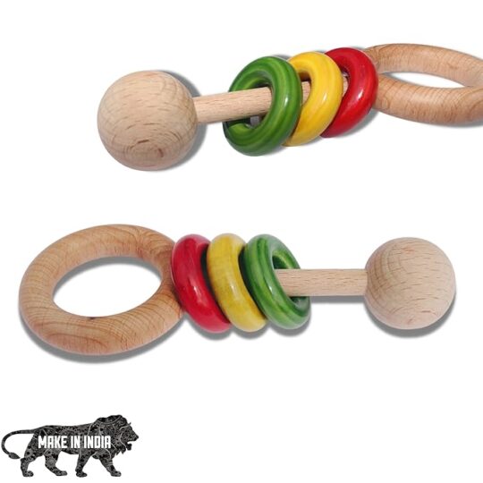 Wooden Hand Crafted Rattle for Kids, Babies, Infants, Non Toxic Finished Natural Beech & Ivory Wood- Multi Color Perfect Montessori Grasping Early Development Toy (3 Rings)
