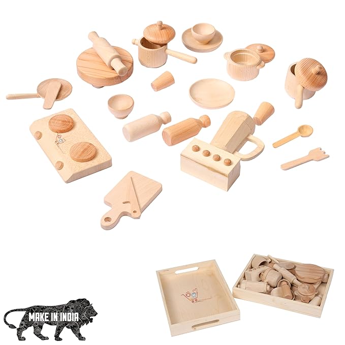 Wooden Supreme Handmade Pretend Play Kitchen Toy Set with 2 Trays
