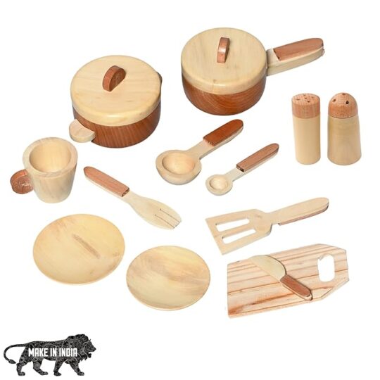 Wooden Kitchen Set Toy Natural Cooking Sets Pretend Play Toys for Little Boys and Girls and Kids Age 3+ (Premium)
