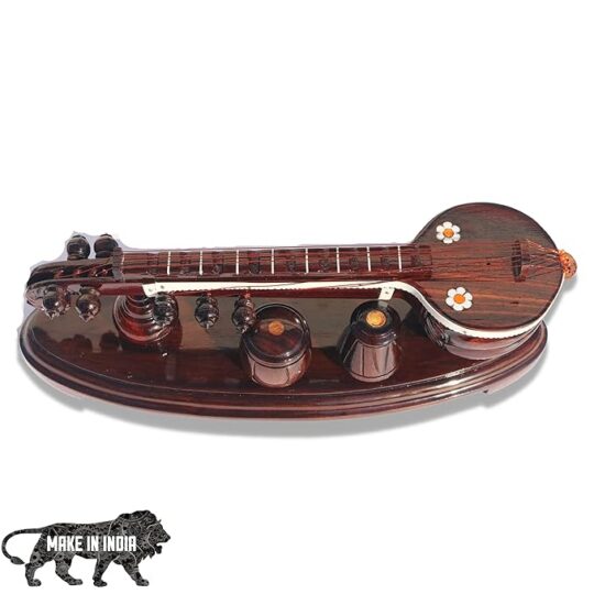 Handcrafted Premium Finished Rose Wooden Veena with Attached Tabala Set Showpiece (10 Inches)