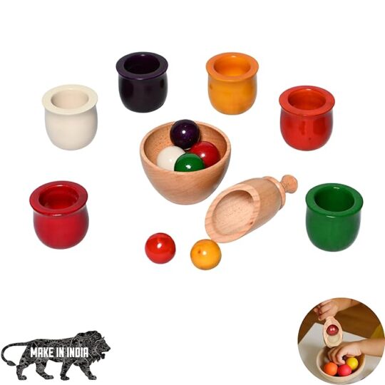 Wooden Color Sorting Toy – Montessori Waldorf Inspired Balls & Bowls Set