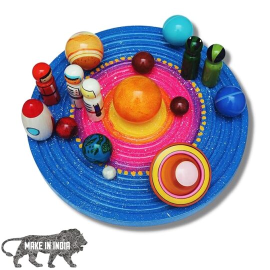Wooden Planets Solar System 3D Model Set Science Learning Educational Toy with Alien Austronuts spaceship for Kids