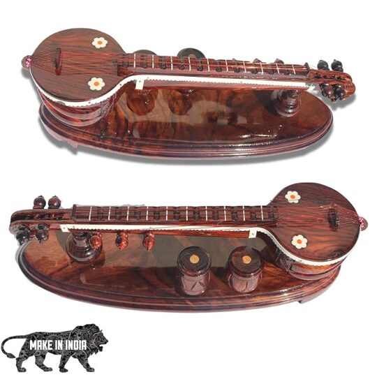 Rose Wooden Veena Tabala Set Showpiece Handcrafted Premium Finished 12 Inches with Attached Tabala Set Showpiece Decor Set for Home and Pooja Room