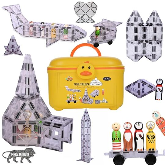 GELTILES Everest 45 Pcs of Transparent Magnetic Tiles Set with 5 Colourful Dolls & Storage Box