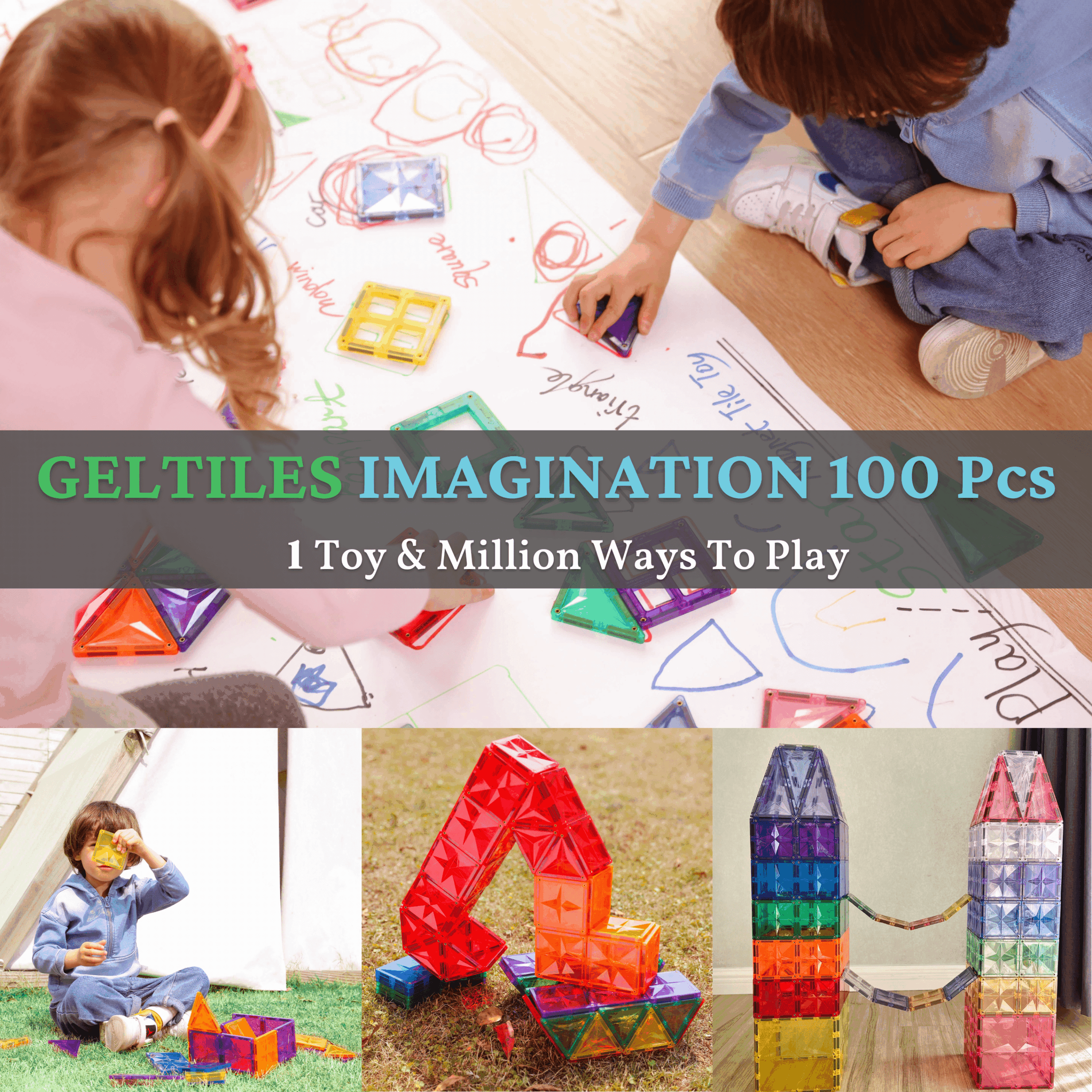 GELTILES Imagination - 100 Pcs Set Of Strong Building Magnetic Tiles Creative Learning Educational Multicolor Toy With Storage Box - Image 3
