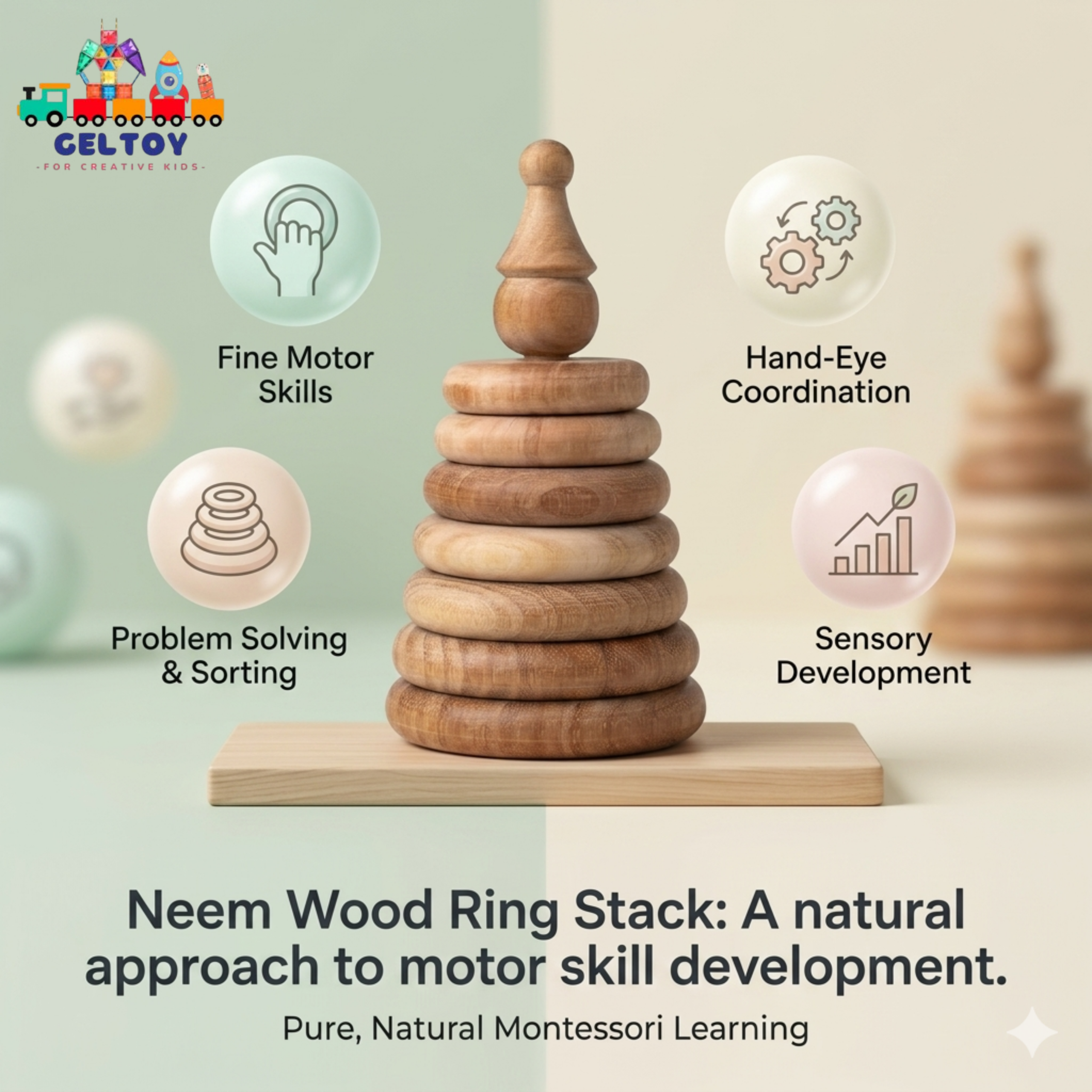 Neem Wooden Stacking Rings Toy Handmade and Multicolor (1 Year+) - Early Development Hand-Eye Coordination & Motor Skills for Toddlers (Miniature) (Copy) - Image 3