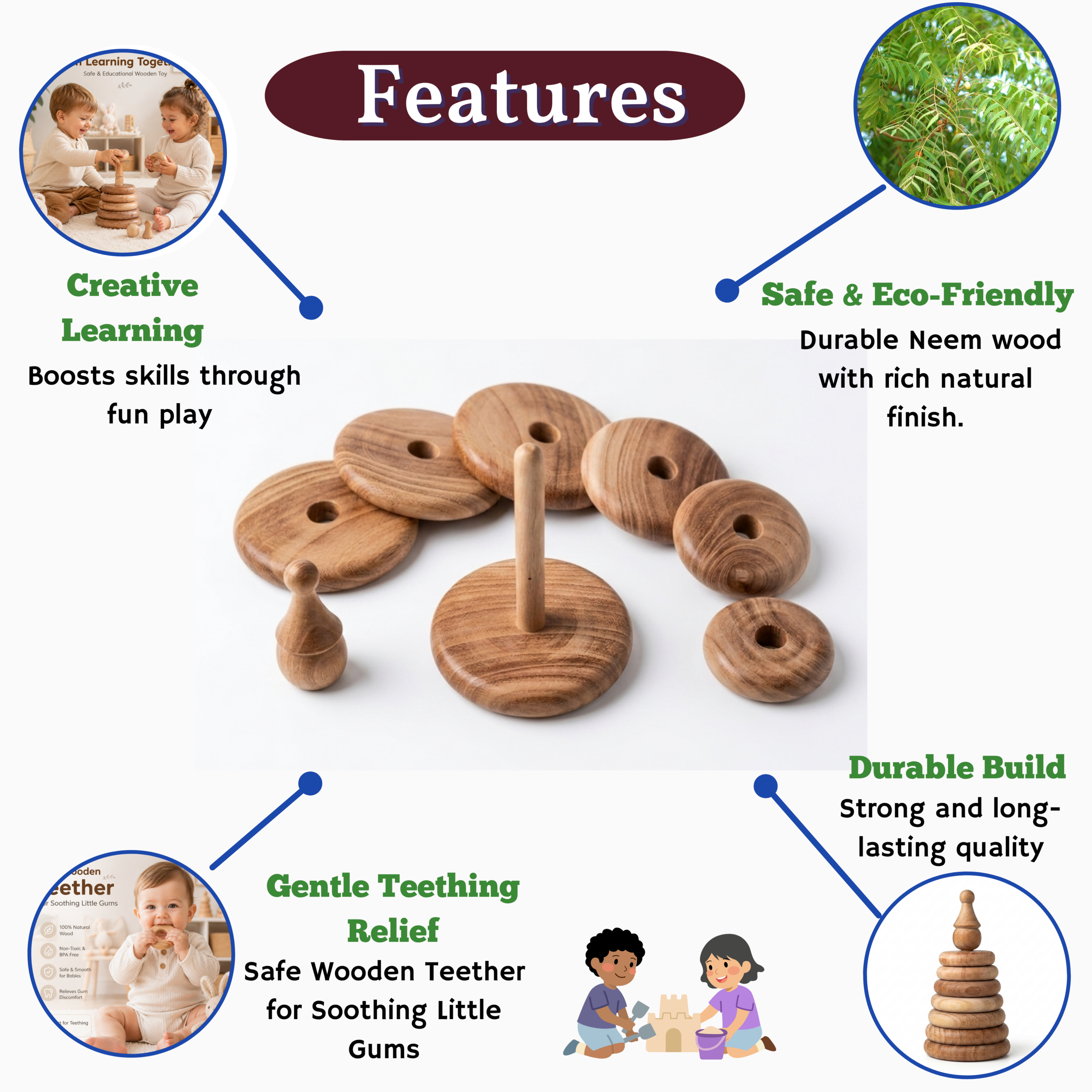Neem Wooden Stacking Rings Toy Handmade and Multicolor (1 Year+) - Early Development Hand-Eye Coordination & Motor Skills for Toddlers (Miniature) (Copy) - Image 4