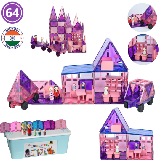 GELTILES® 64 pcs Advanced Magnetic Tiles Dollhouse Building 3D Set